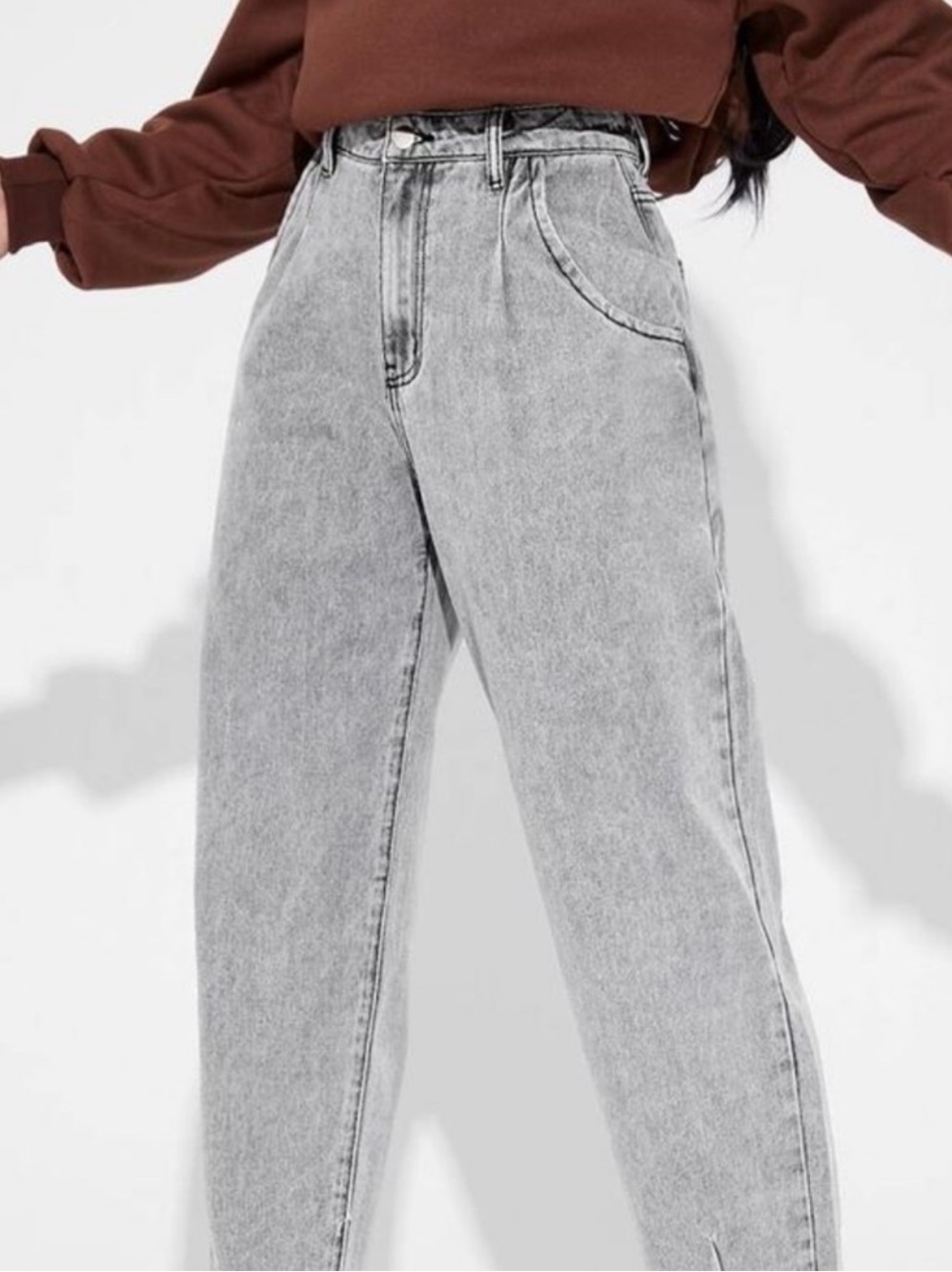 Hidden Pleated High-Rise Tapered Jeans Gray Size 26